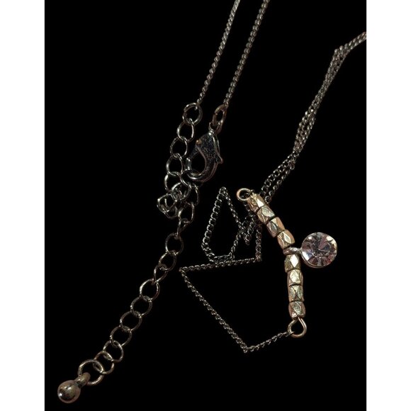 Minimalist Brutalist Silver And Gold Tone Rhinestone Pendant Necklace - Picture 5 of 6